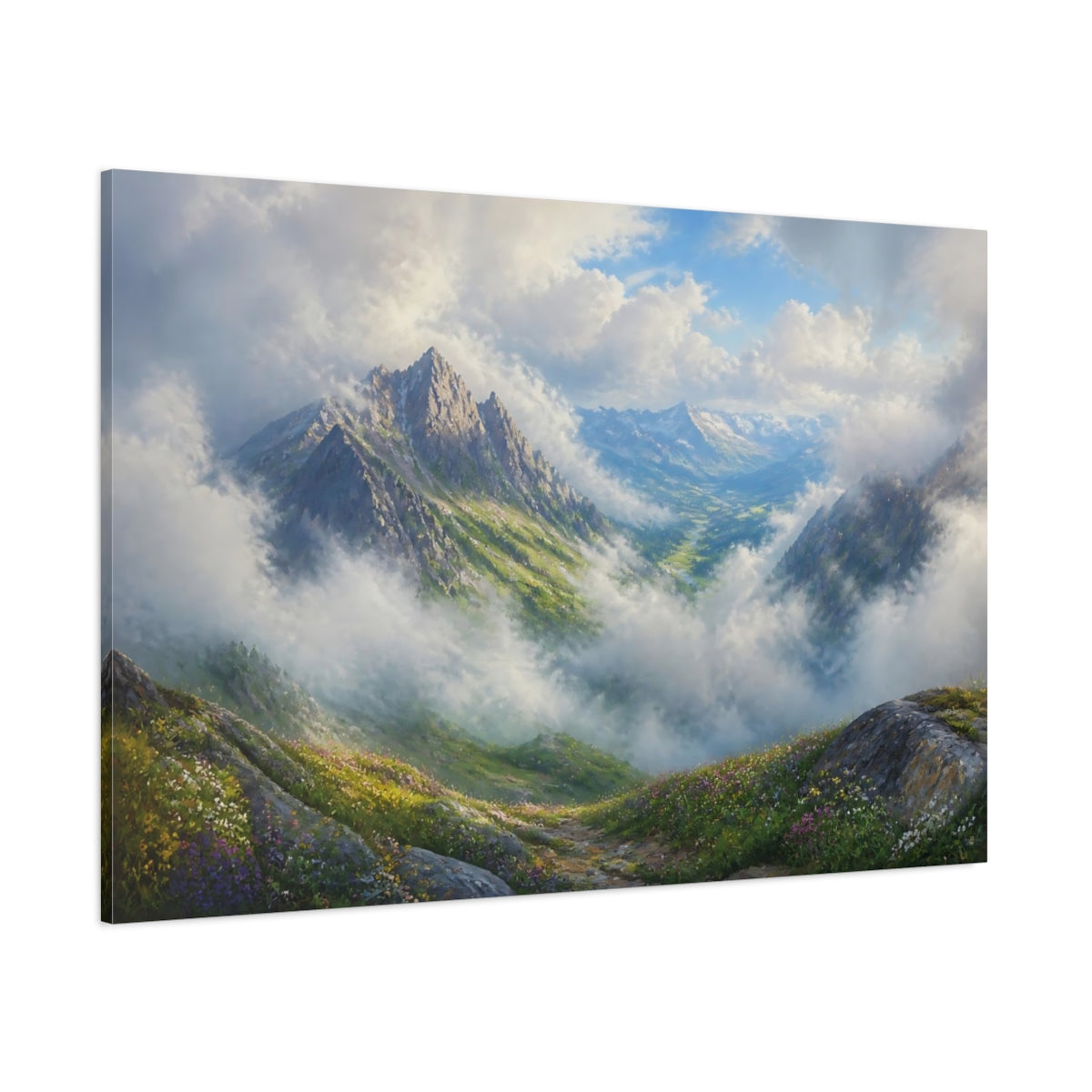 Side Mockup 1. Misty Alpine Valley shown as canvas print