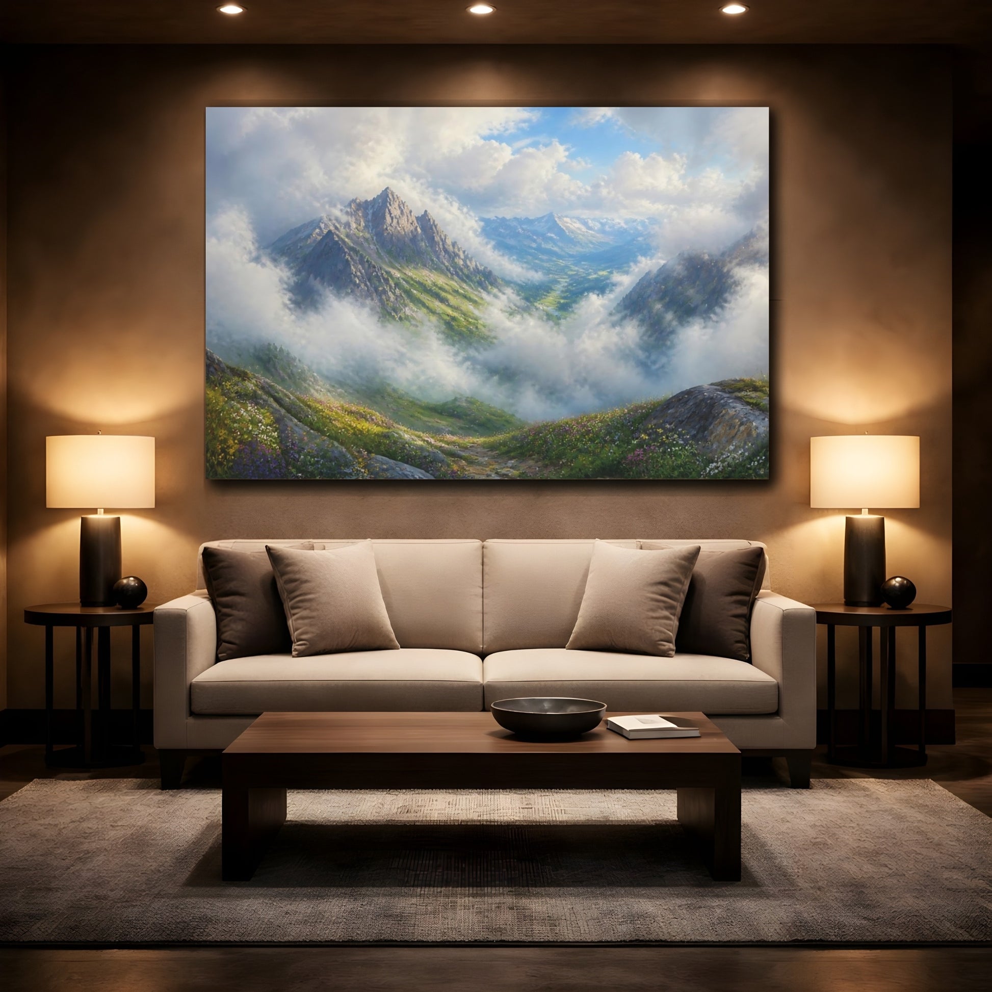 Mockup 2. Misty Alpine Valley shown as canvas print