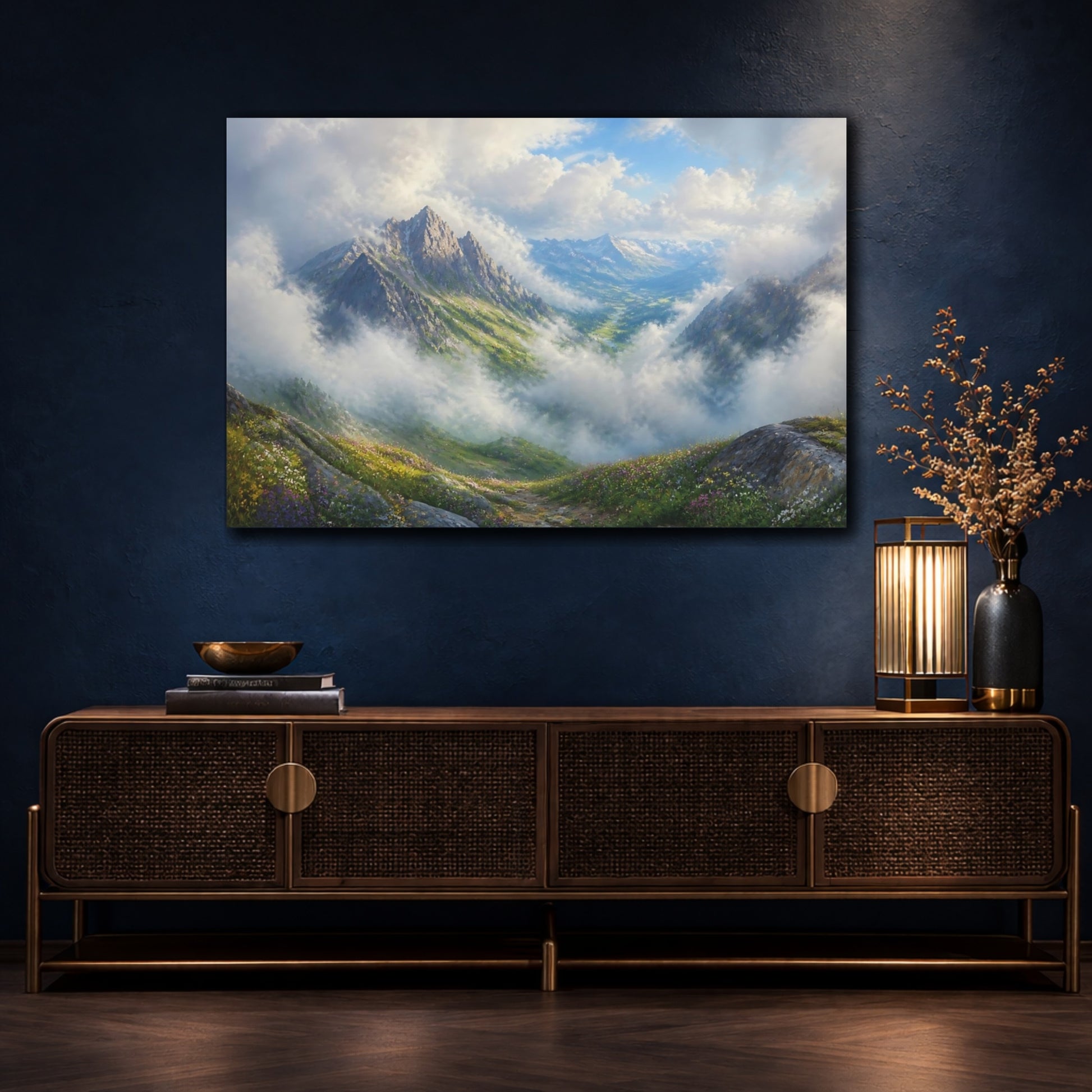 Mockup 4. Misty Alpine Valley shown as canvas print