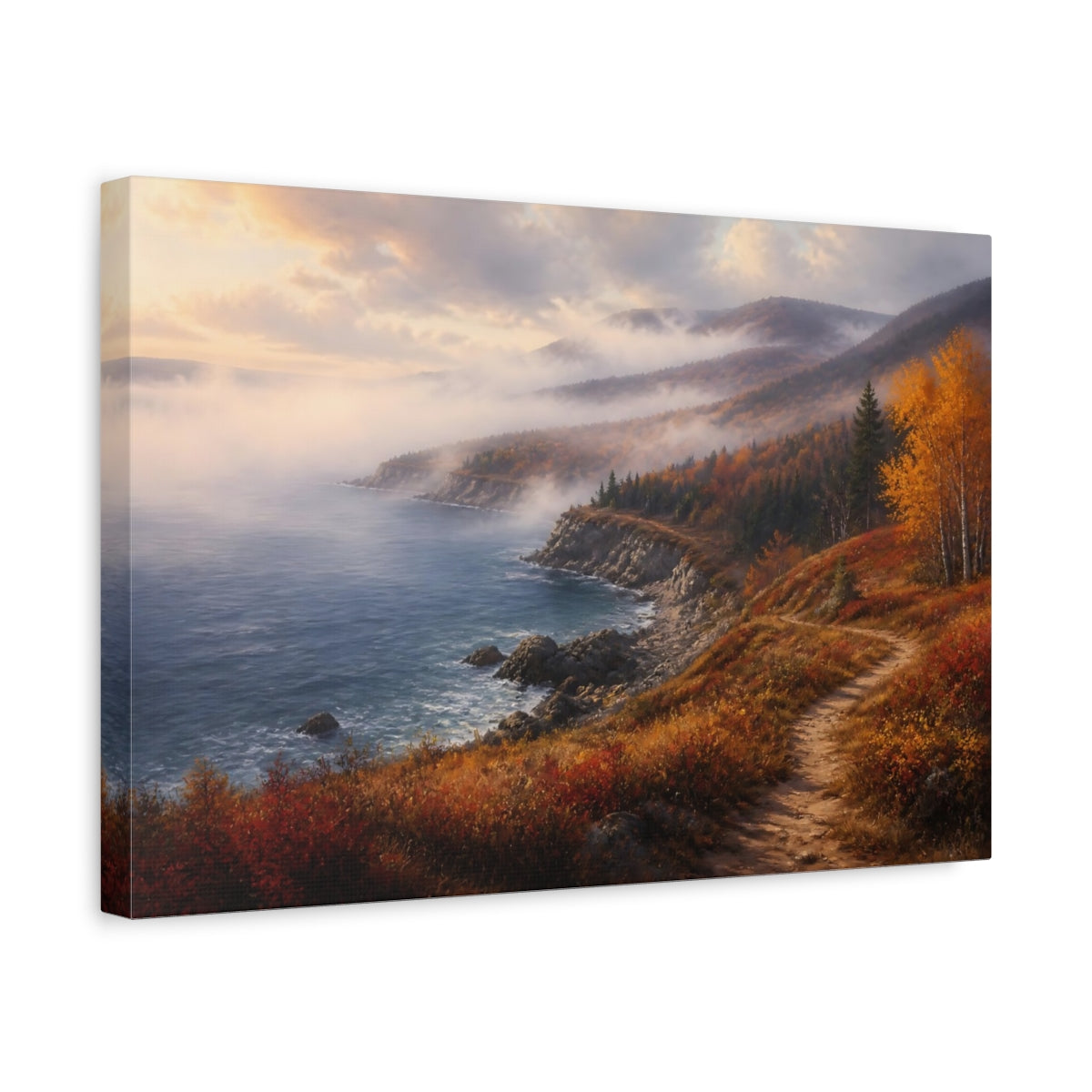 Side Mockup 4. Misty Autumn Coastline Landscape shown as canvas print