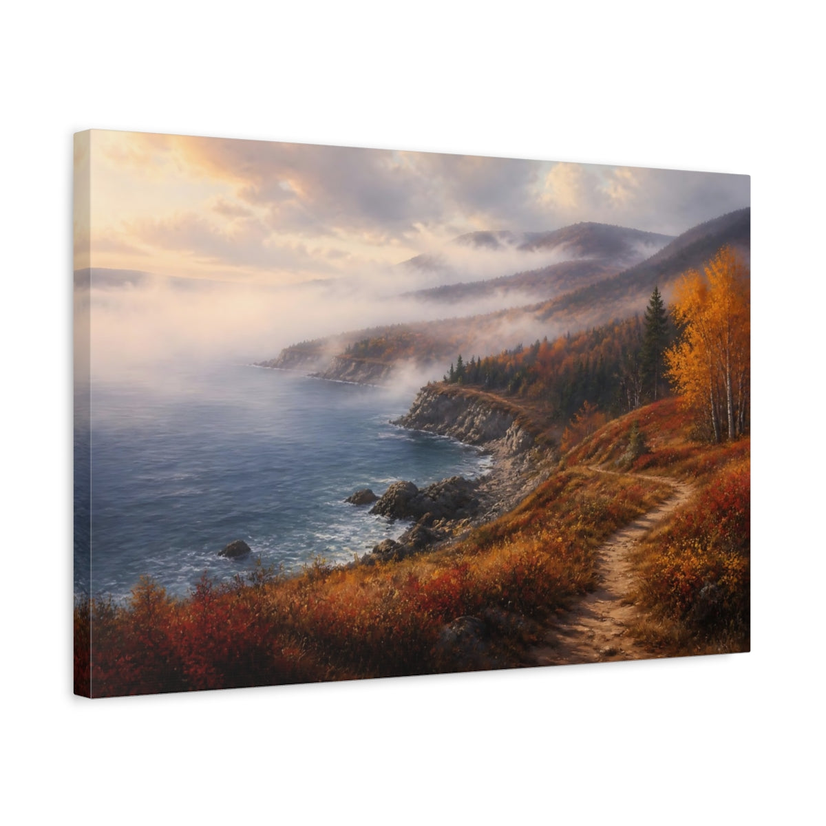 Side Mockup 3. Misty Autumn Coastline Landscape shown as canvas print