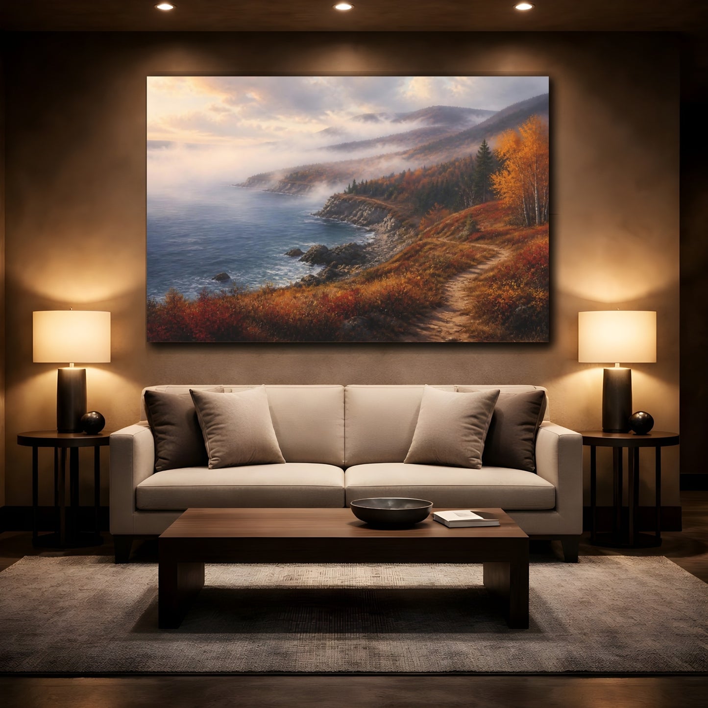 Mockup 2. Misty Autumn Coastline Landscape shown as canvas print