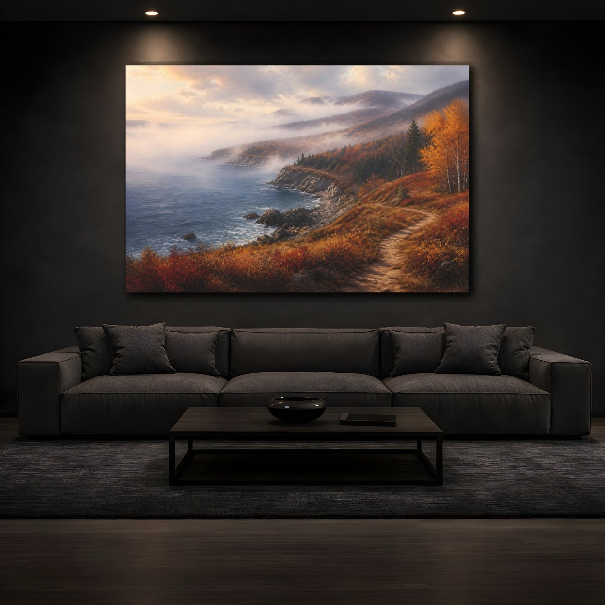Mockup 3. Misty Autumn Coastline Landscape shown as canvas print