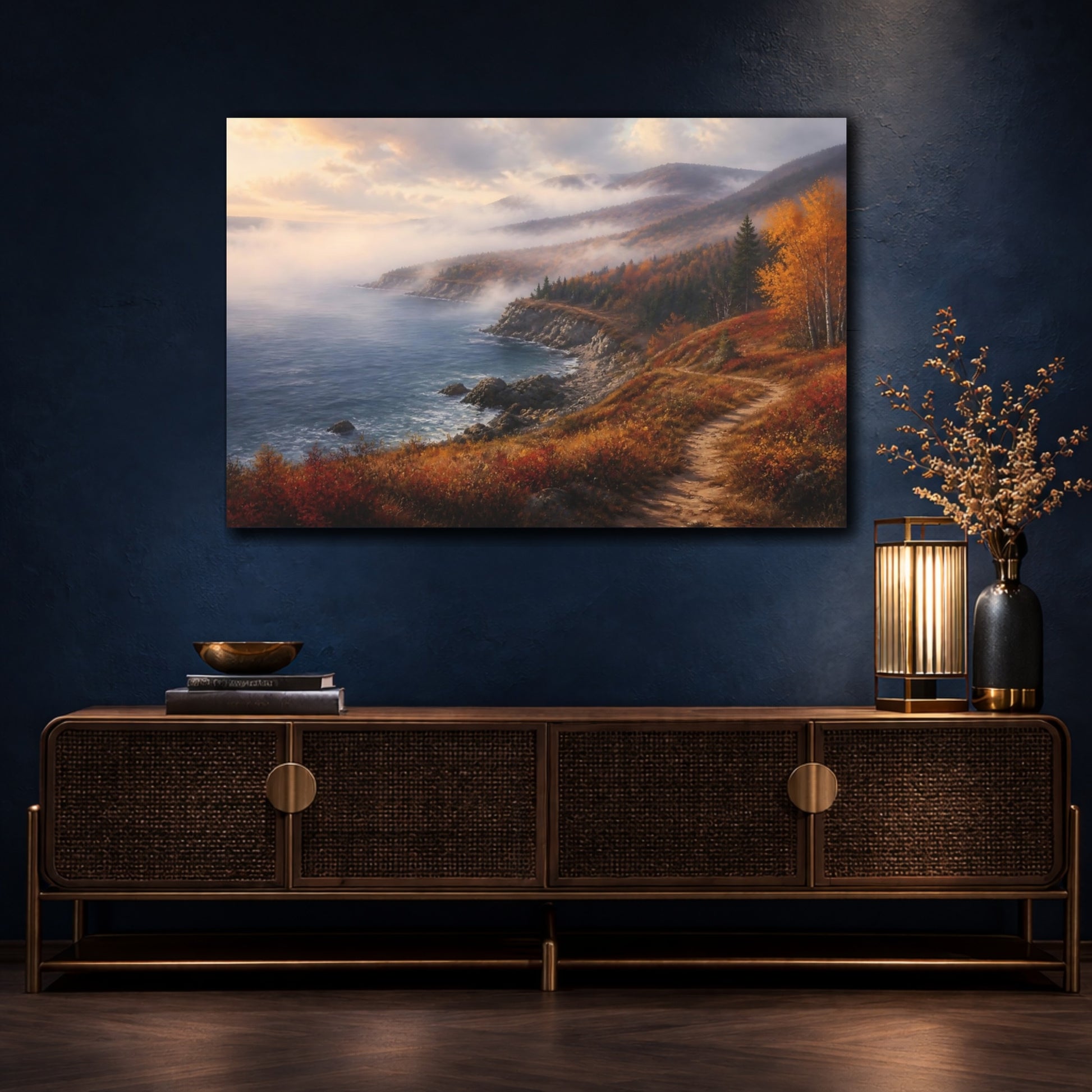 Mockup 4. Misty Autumn Coastline Landscape shown as canvas print
