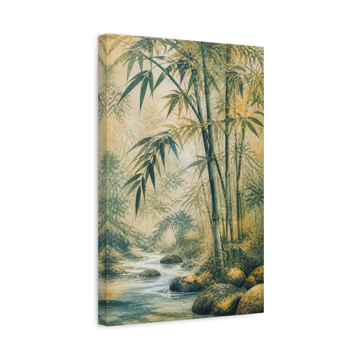 Side Mockup 4. Misty Bamboo River shown as canvas print
