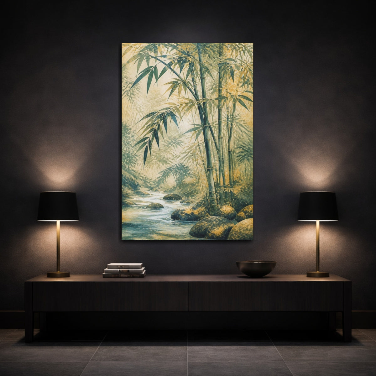 Mockup 3. Misty Bamboo River shown as canvas print