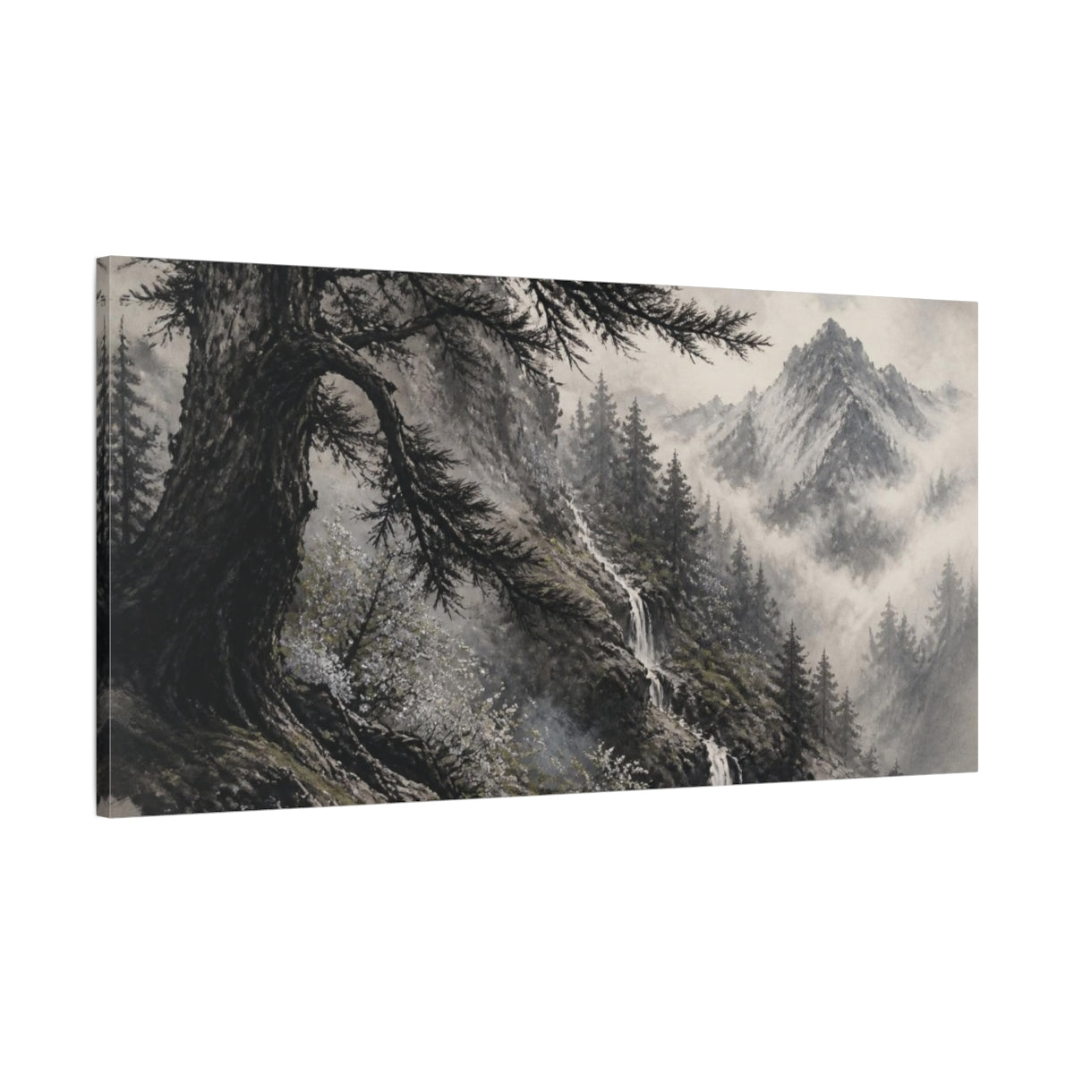 Main Mockup. Misty Cedar Mountain Waterfall shown as canvas print