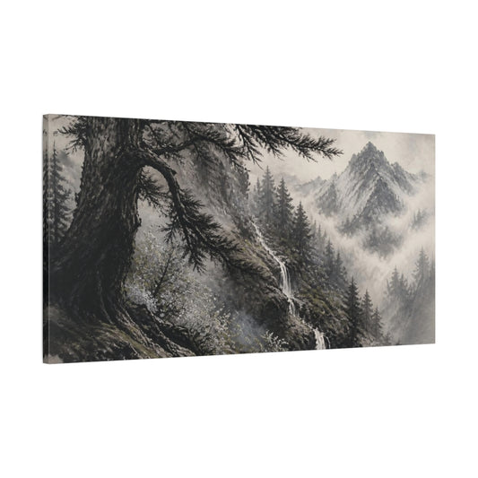 Main Mockup. Misty Cedar Mountain Waterfall shown as canvas print