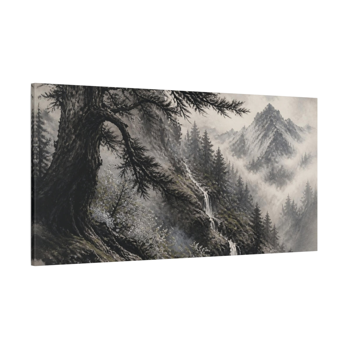 Side Mockup 2. Misty Cedar Mountain Waterfall shown as canvas print