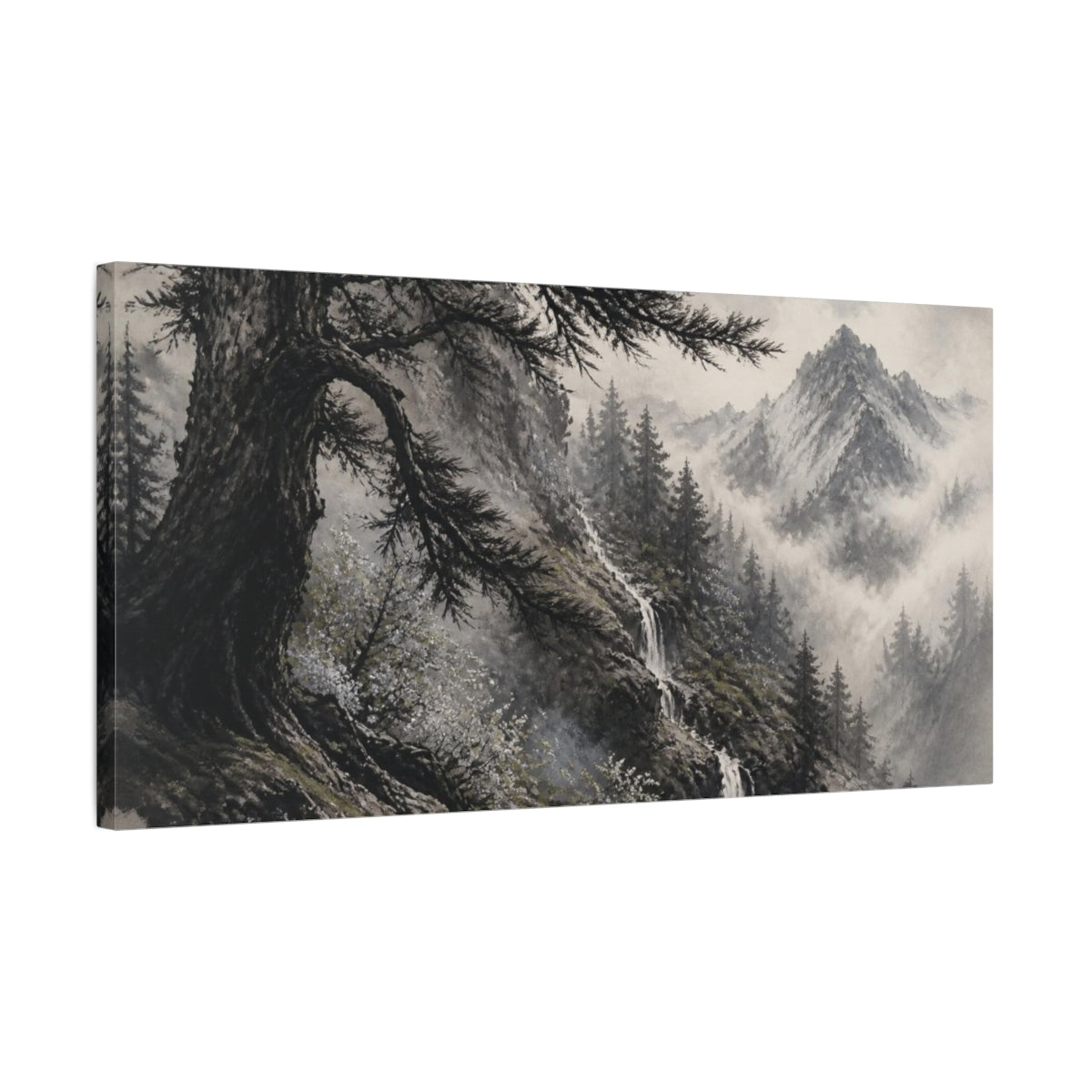 Side Mockup 1. Misty Cedar Mountain Waterfall shown as canvas print