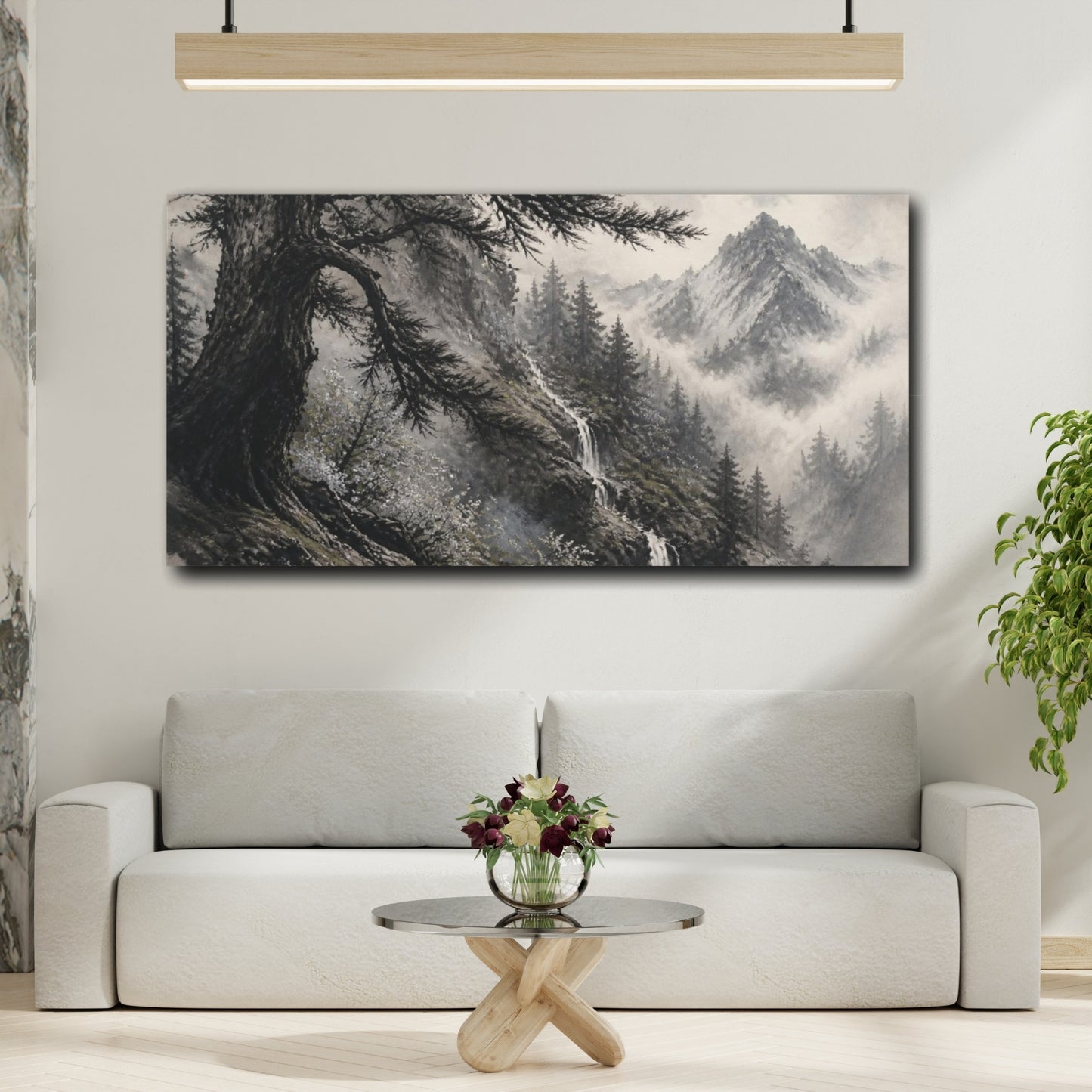 Mockup 2. Misty Cedar Mountain Waterfall shown as canvas print