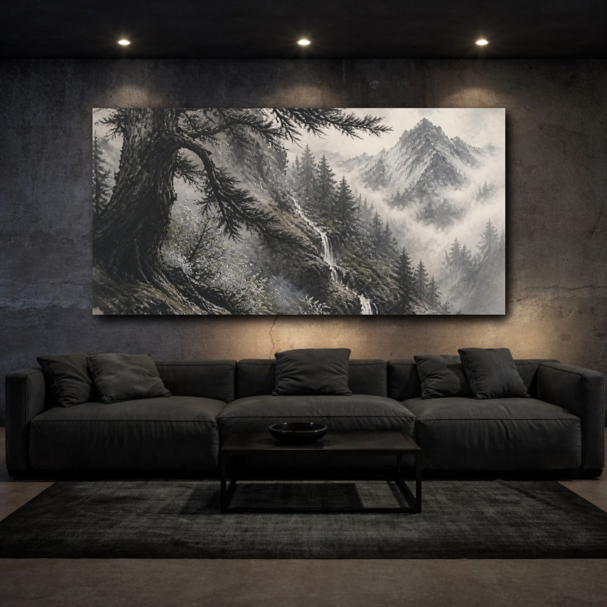 Mockup 3. Misty Cedar Mountain Waterfall shown as canvas print