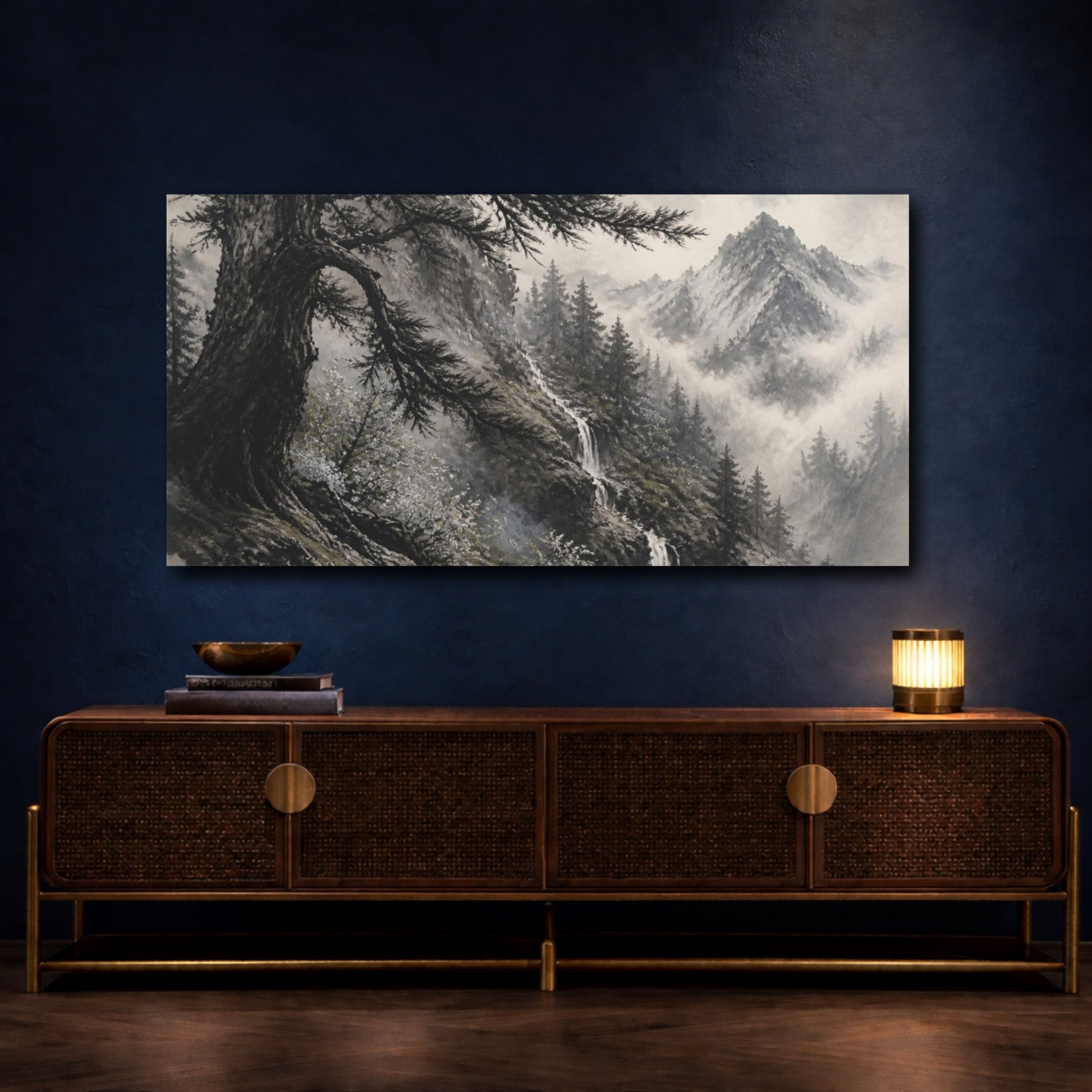 Mockup 4. Misty Cedar Mountain Waterfall shown as canvas print
