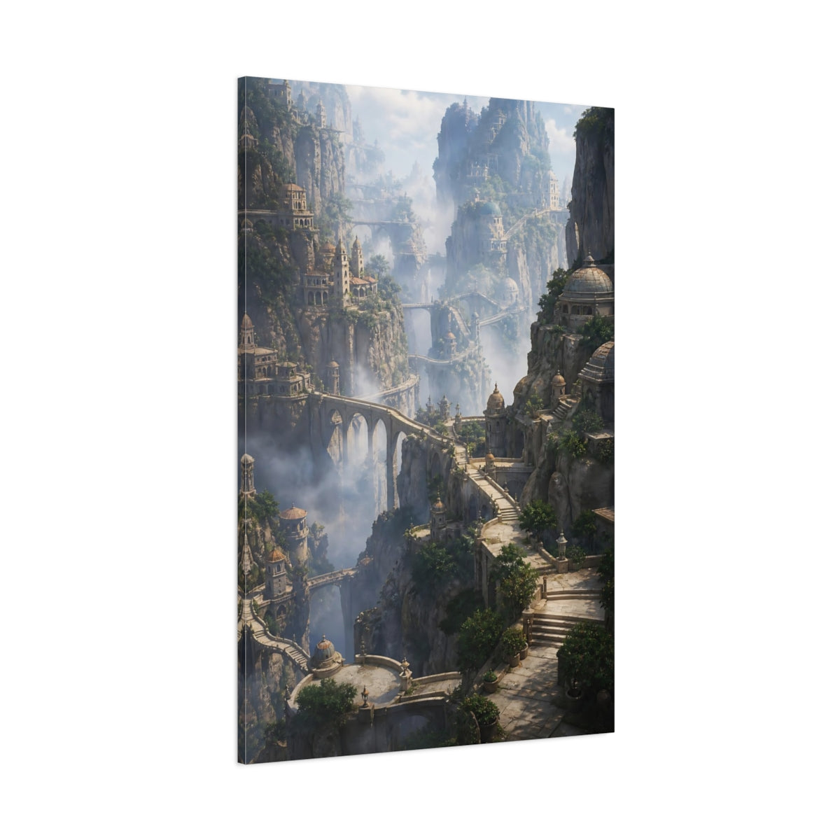 Side Mockup 1. Misty Cliffside Citadel shown as canvas print