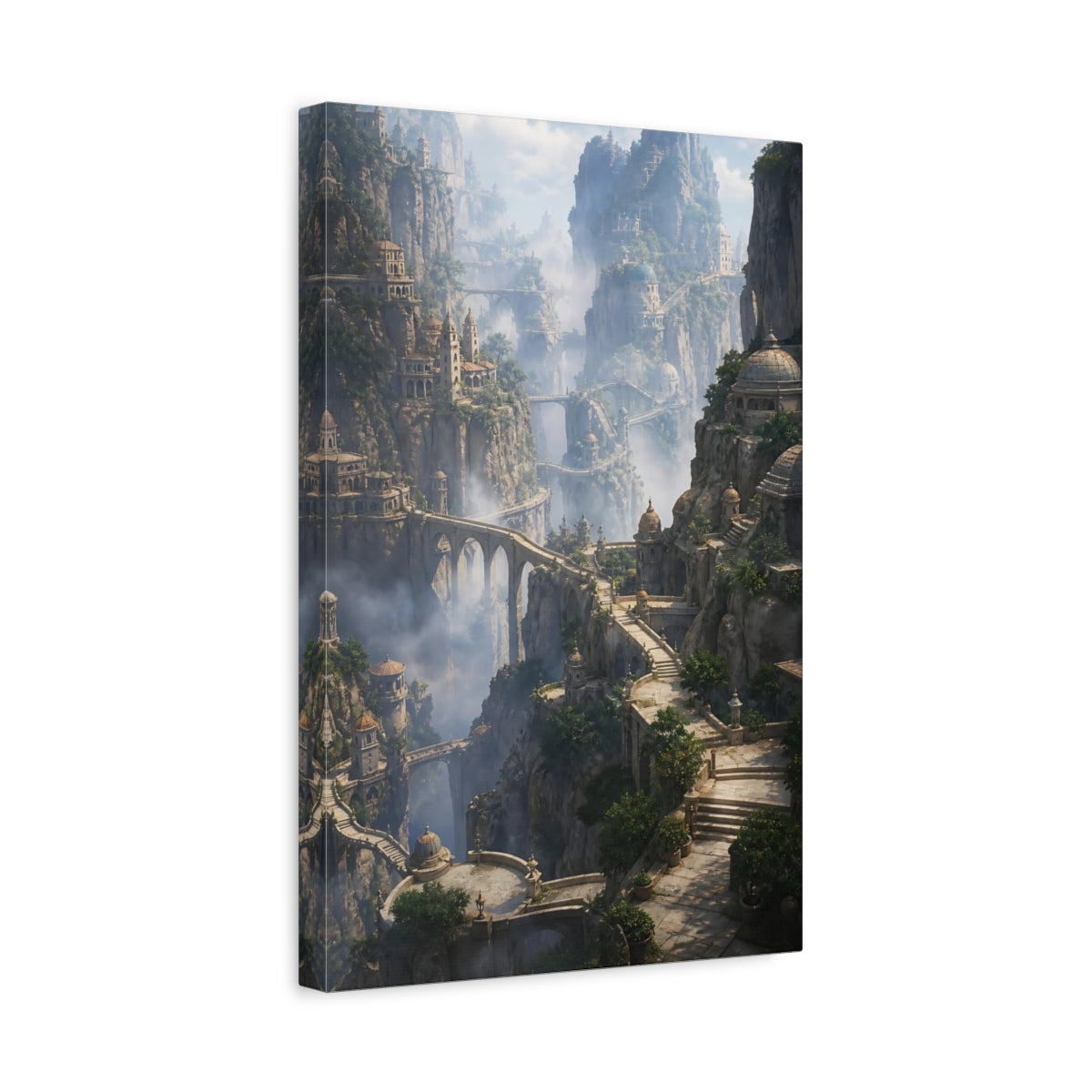 Side Mockup 4. Misty Cliffside Citadel shown as canvas print