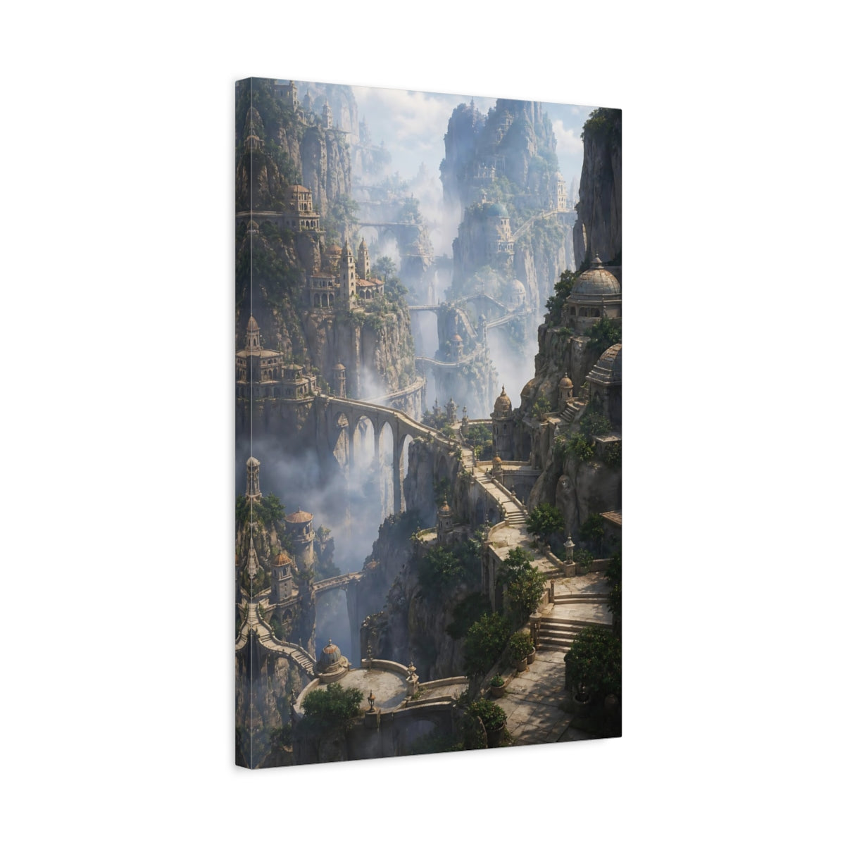 Side Mockup 3. Misty Cliffside Citadel shown as canvas print