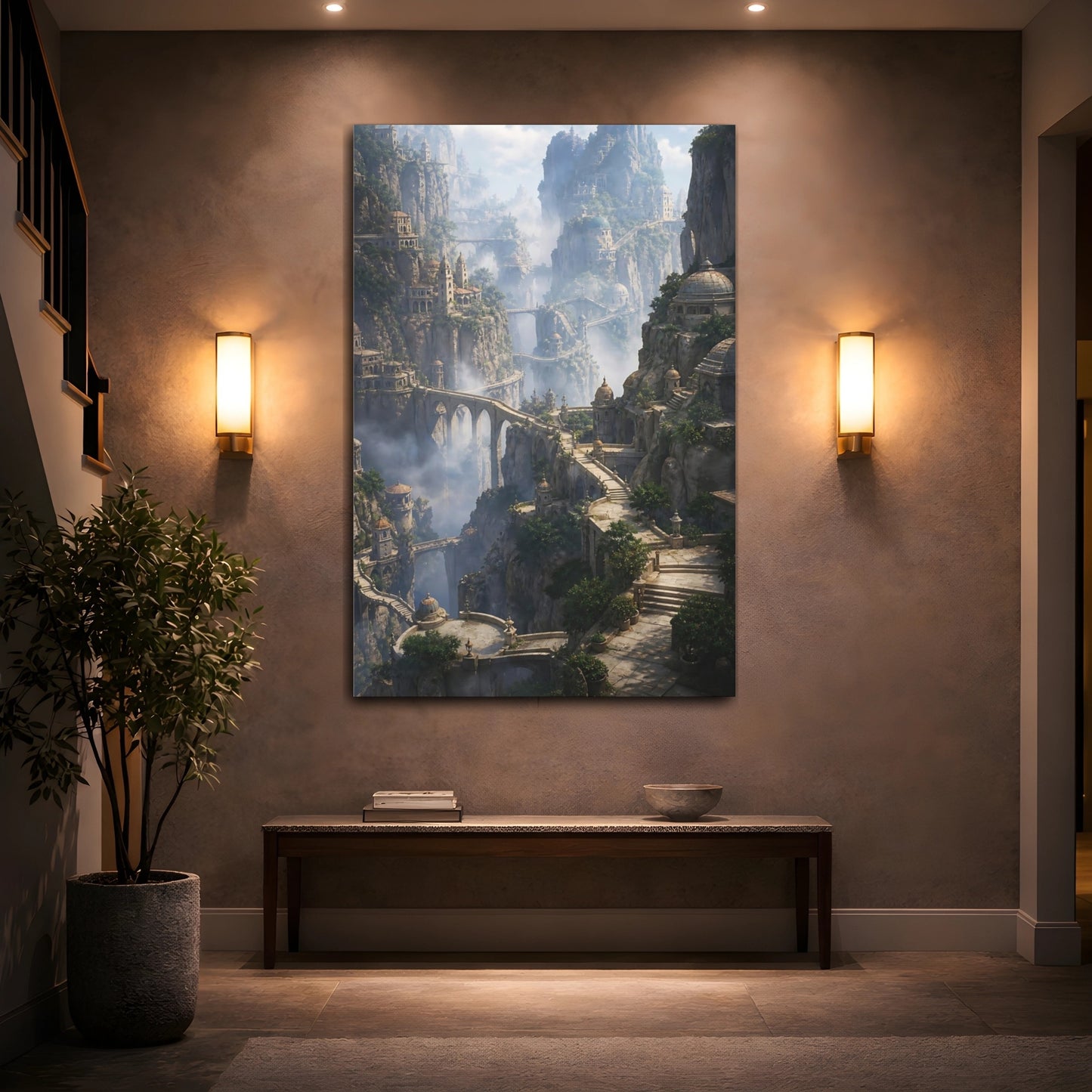 Mockup 2. Misty Cliffside Citadel shown as canvas print