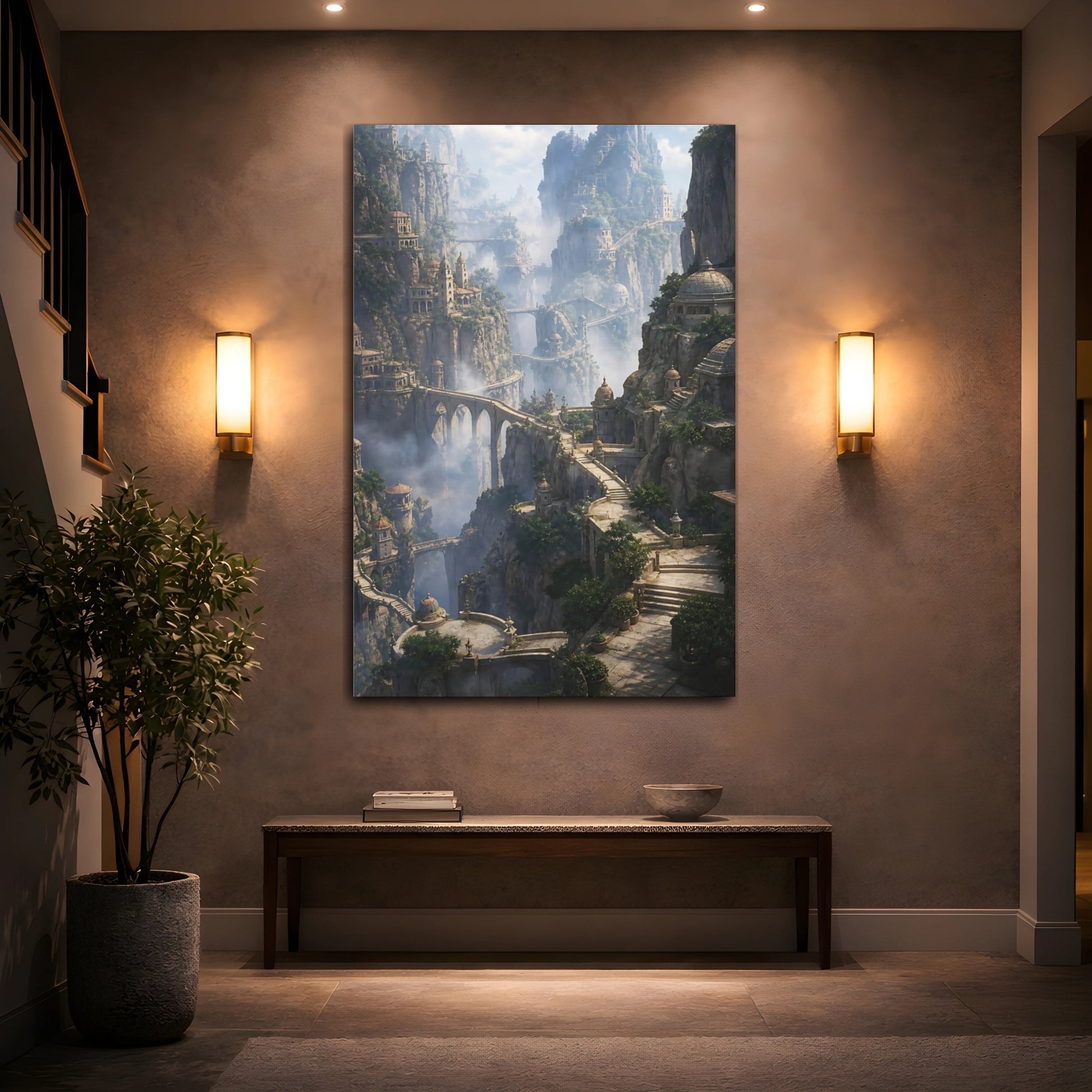 Mockup 2. Misty Cliffside Citadel shown as canvas print
