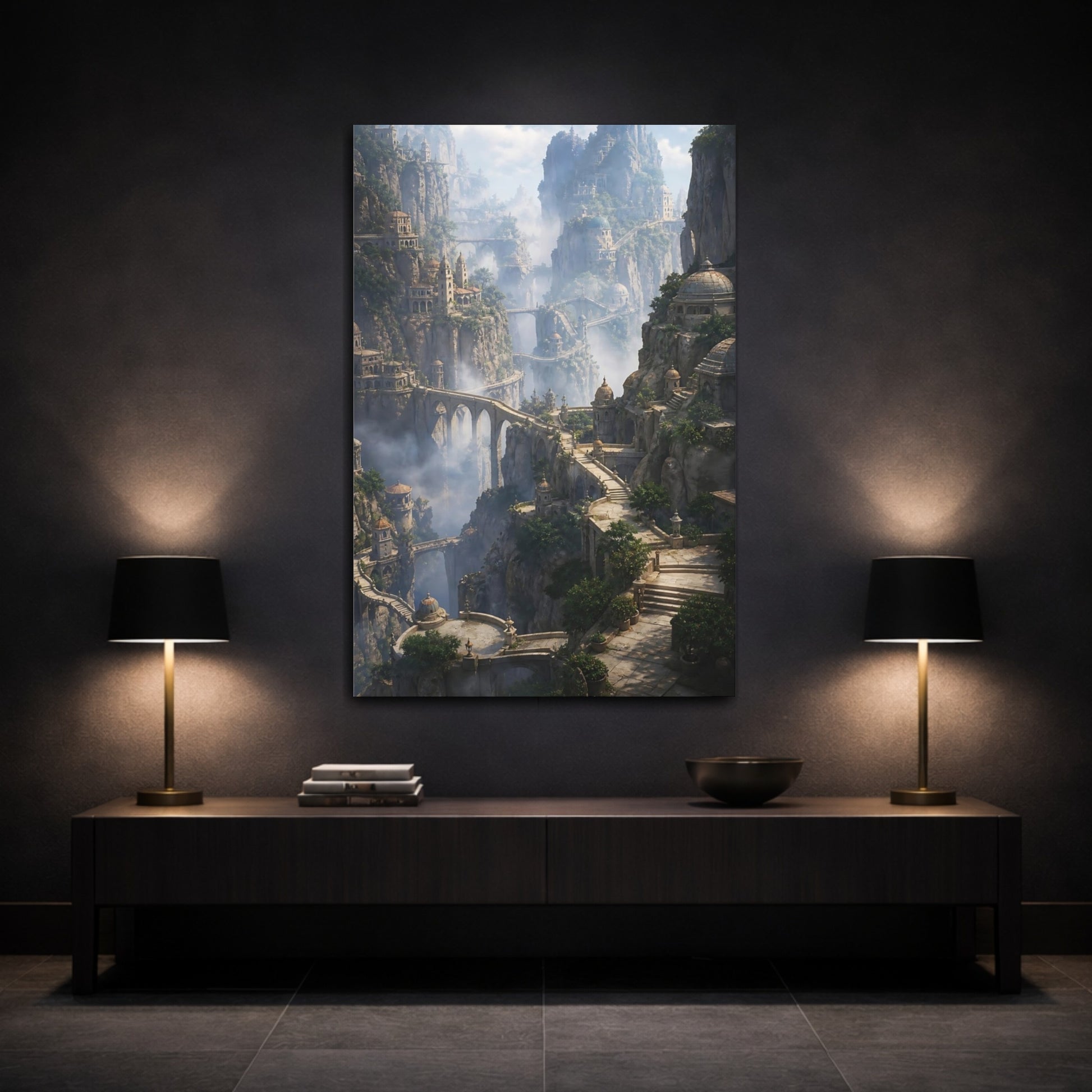 Mockup 3. Misty Cliffside Citadel shown as canvas print