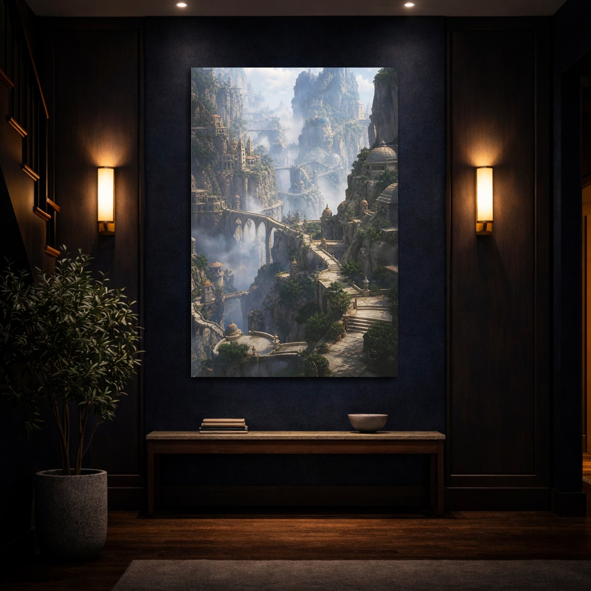 Mockup 4. Misty Cliffside Citadel shown as canvas print