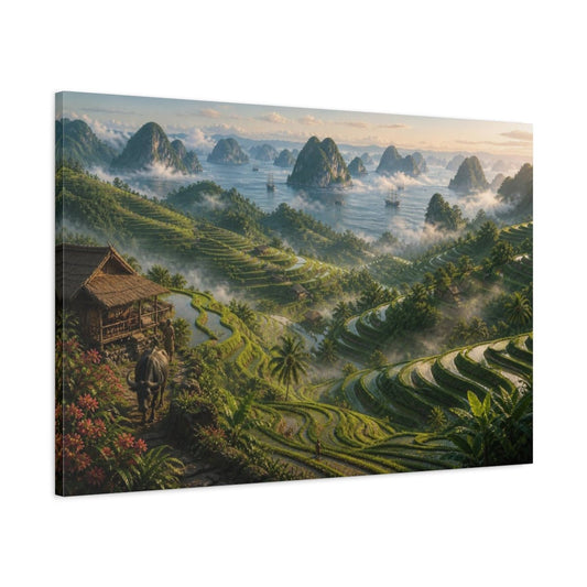 Misty Coastal Rice Terraces Canvas Print Wall Art – Living Room Decor, Above Fireplace - YesArtYes