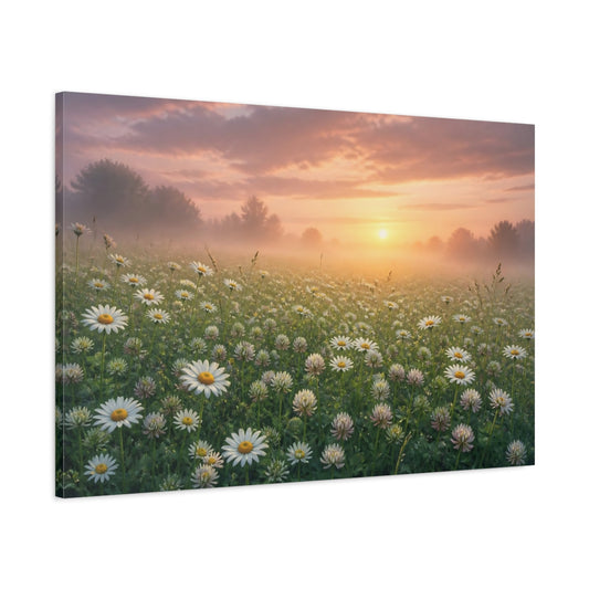 Main Mockup. Misty Daisy Meadow Sunrise shown as canvas print