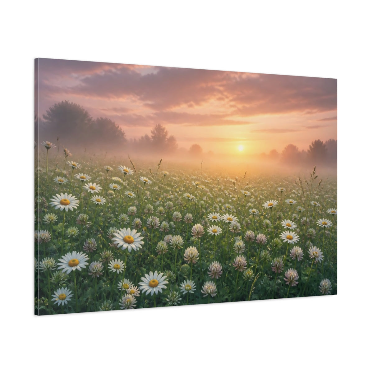 Side Mockup 1. Misty Daisy Meadow Sunrise shown as canvas print