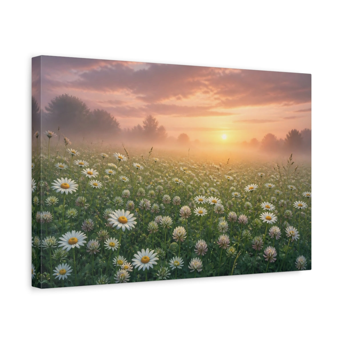 Side Mockup 4. Misty Daisy Meadow Sunrise shown as canvas print