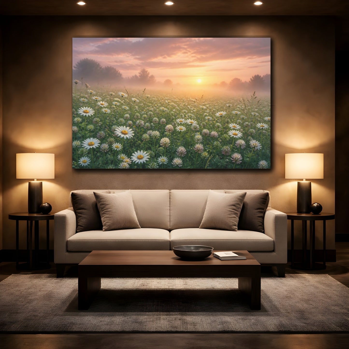 Mockup 2. Misty Daisy Meadow Sunrise shown as canvas print