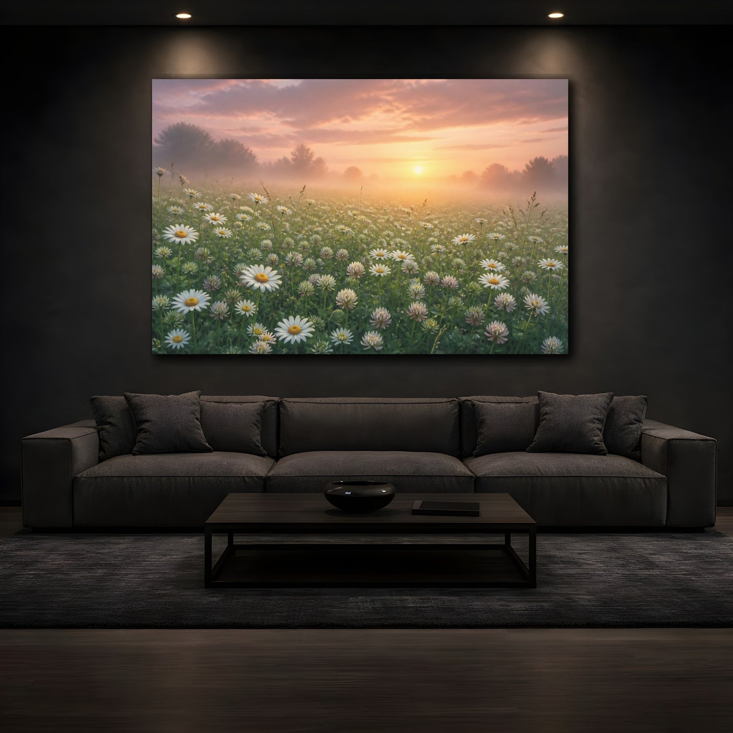 Mockup 3. Misty Daisy Meadow Sunrise shown as canvas print