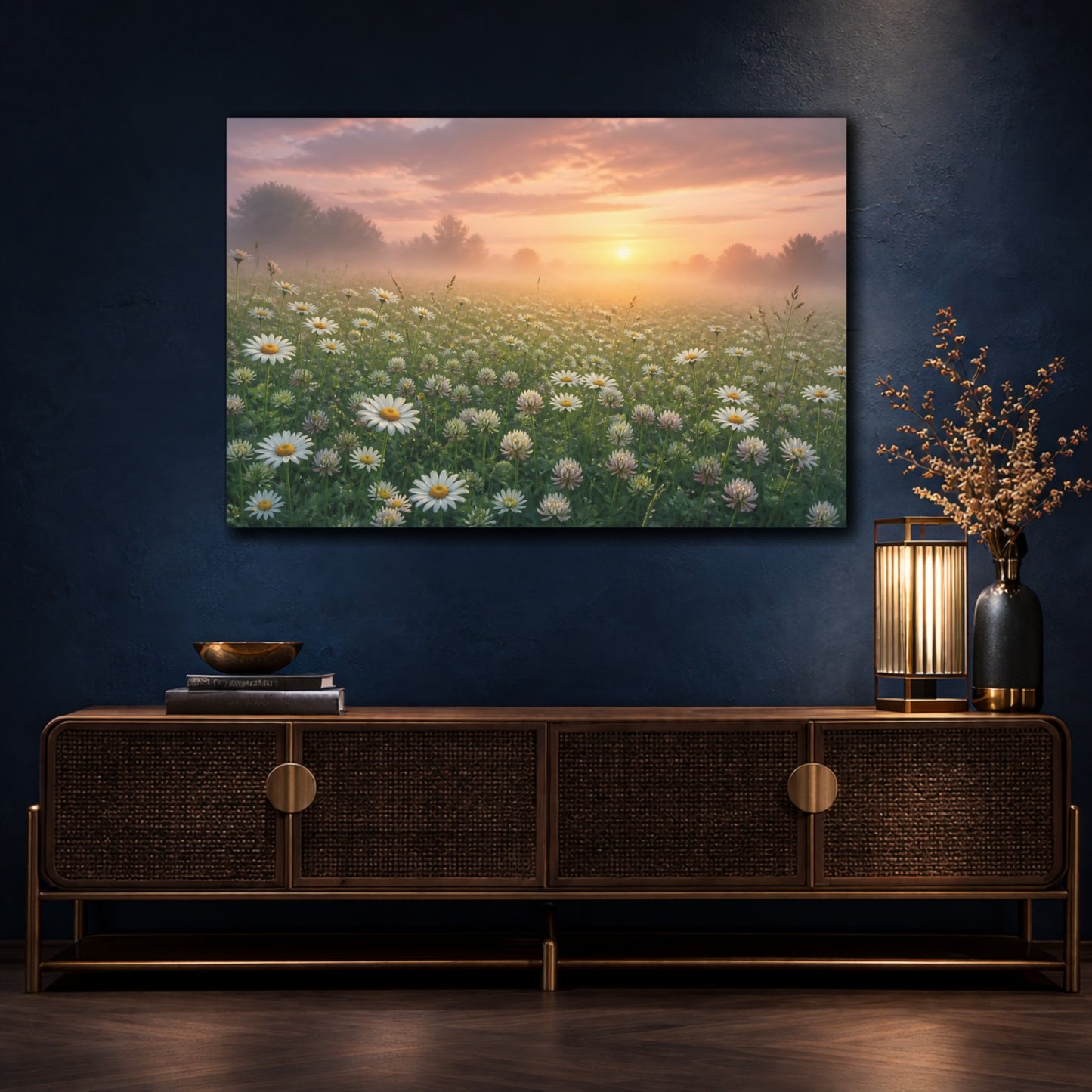 Mockup 4. Misty Daisy Meadow Sunrise shown as canvas print