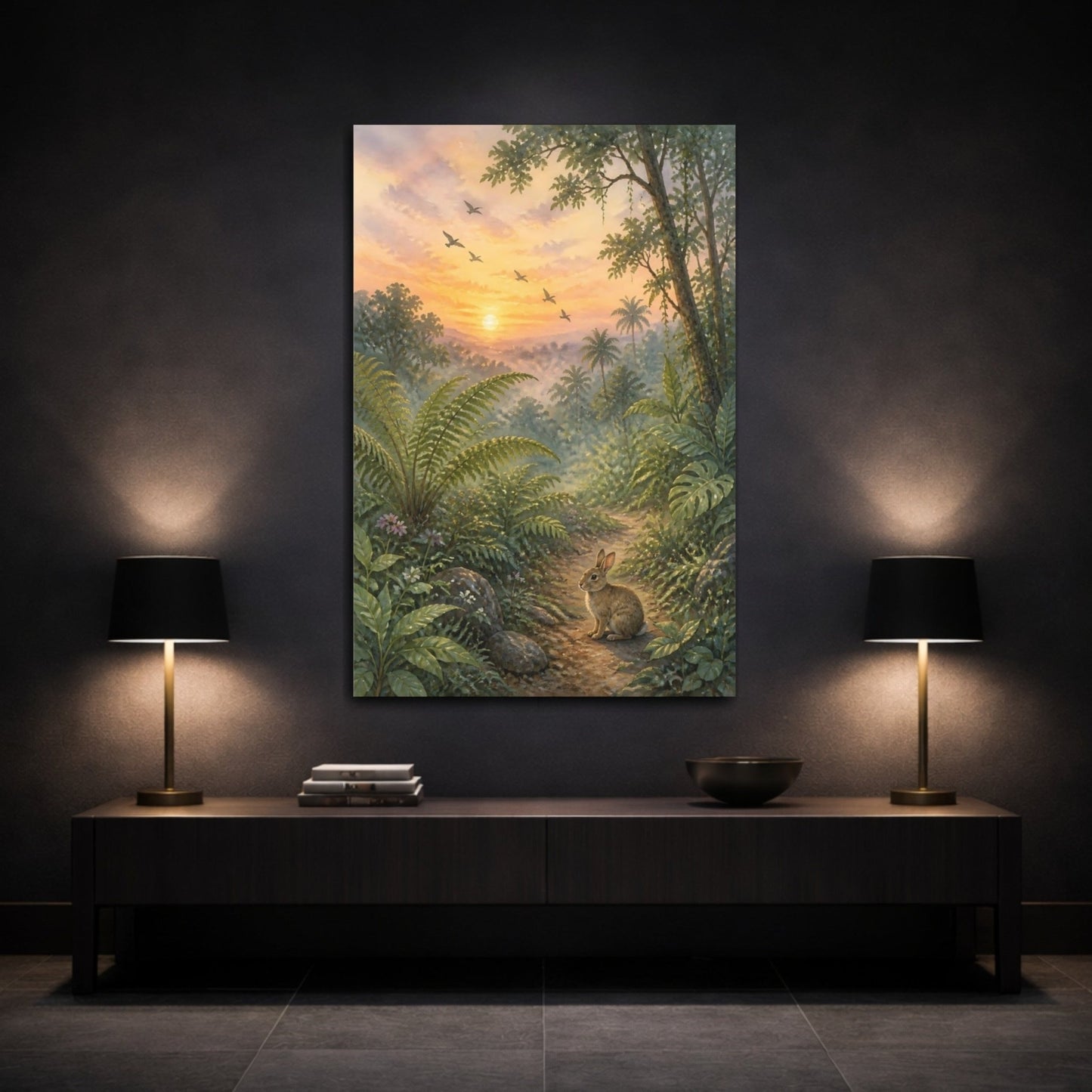 Misty Dawn Watercolor With Quiet Tonal Canvas Print – Living Room, Above Console Table - YesArtYes