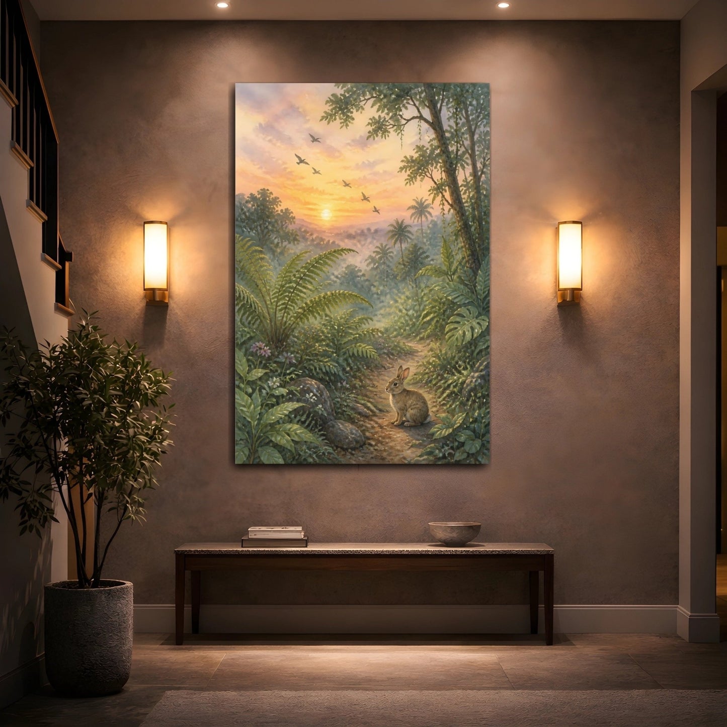 Misty Dawn Watercolor With Quiet Tonal Canvas Print – Living Room, Above Console Table - YesArtYes