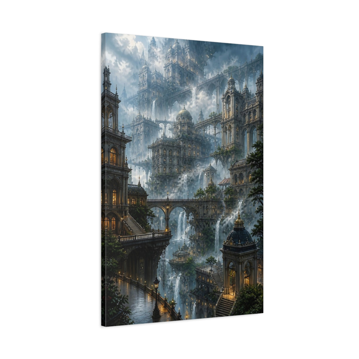 Main Mockup. Misty Floating City Vista shown as canvas print