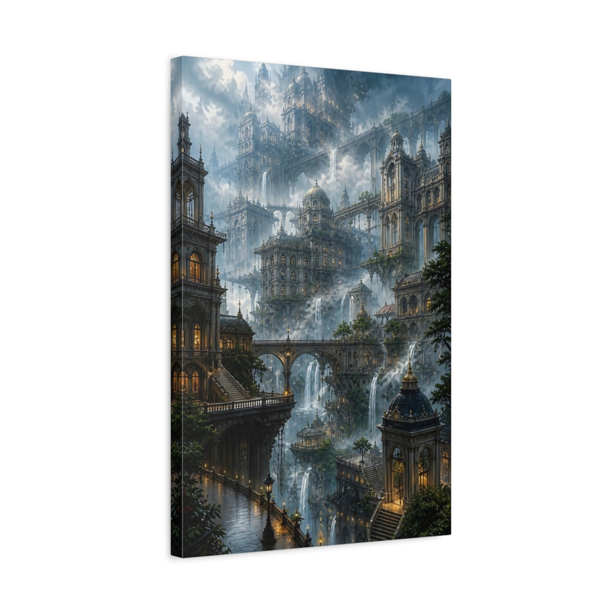 Side Mockup 3. Misty Floating City Vista shown as canvas print