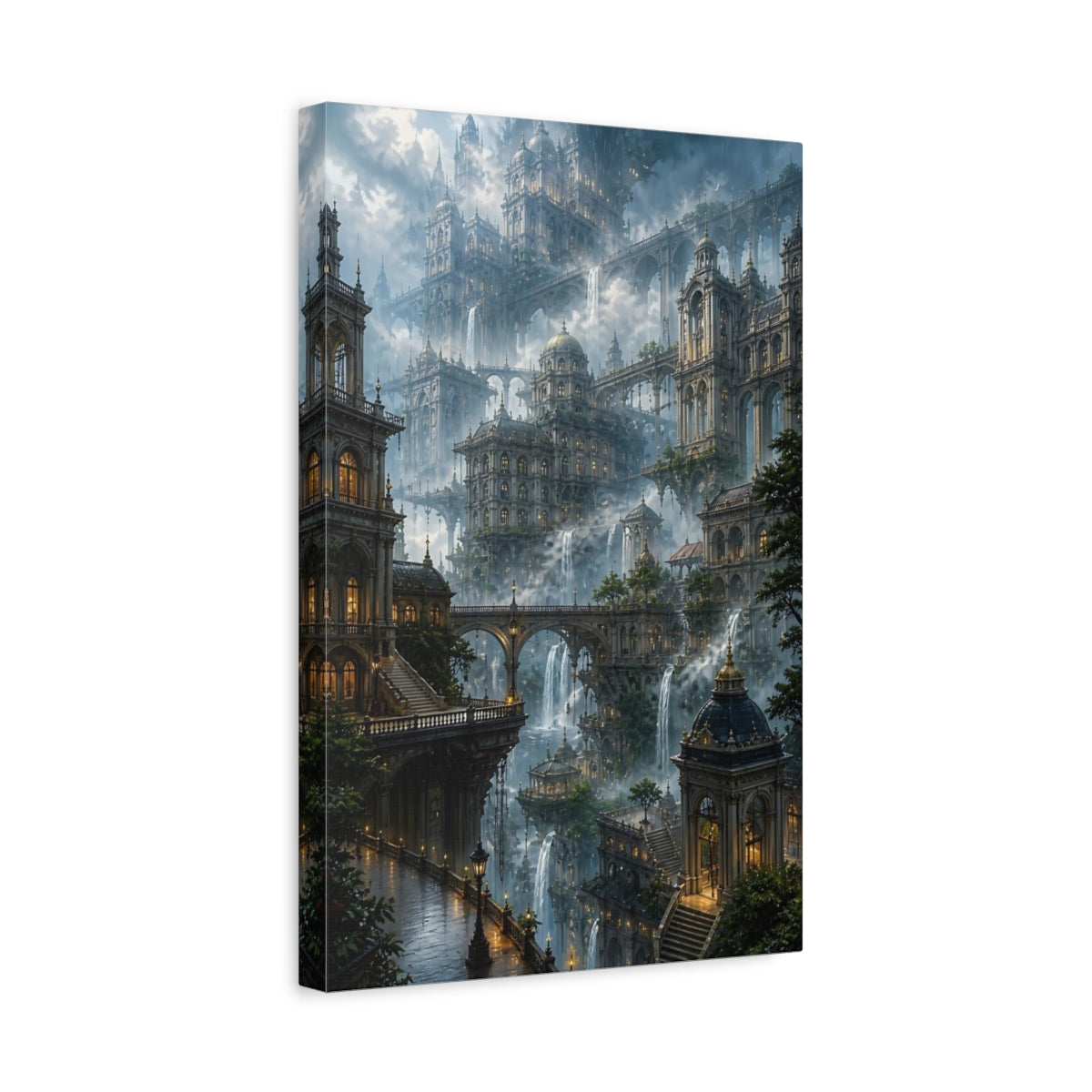 Side Mockup 4. Misty Floating City Vista shown as canvas print