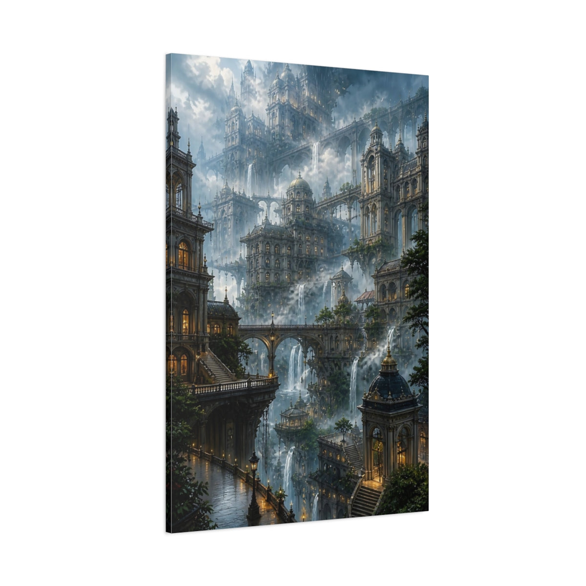 Side Mockup 1. Misty Floating City Vista shown as canvas print