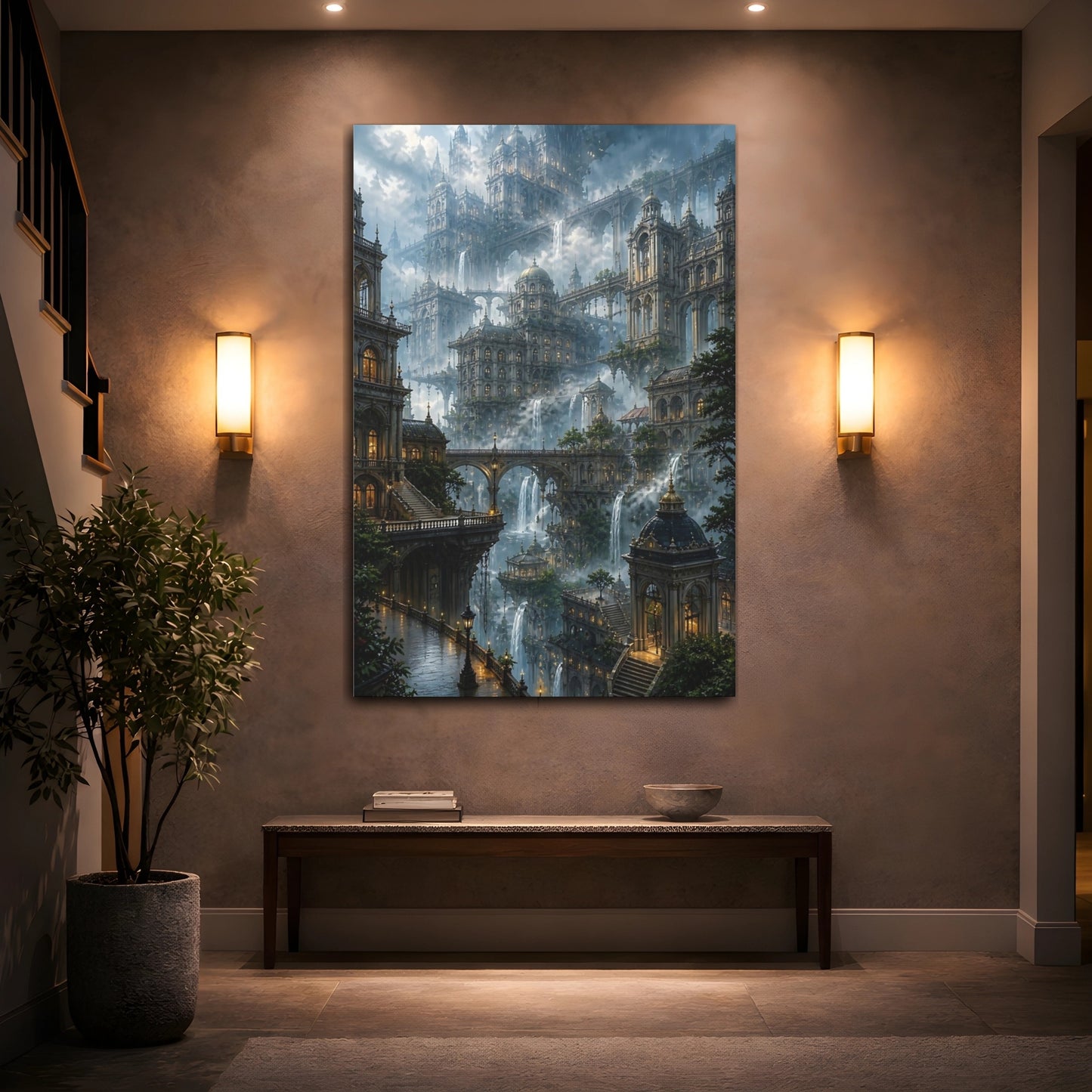 Mockup 2. Misty Floating City Vista shown as canvas print