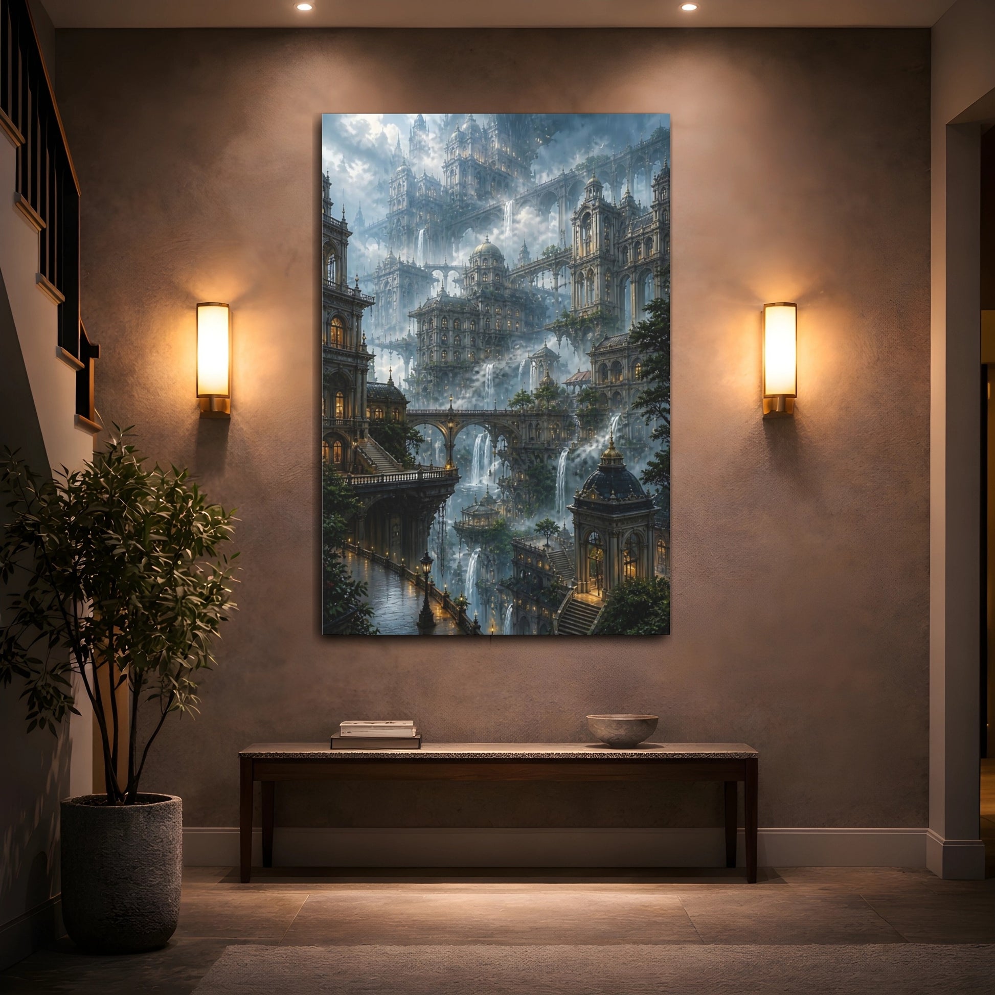 Mockup 2. Misty Floating City Vista shown as canvas print