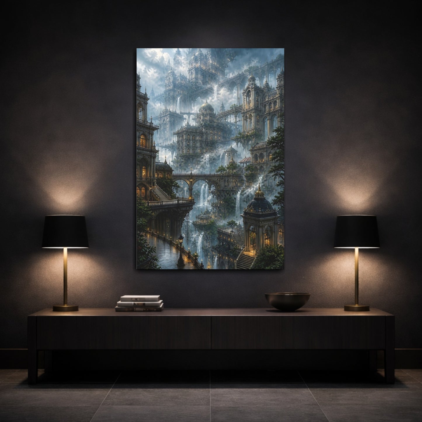Mockup 3. Misty Floating City Vista shown as canvas print