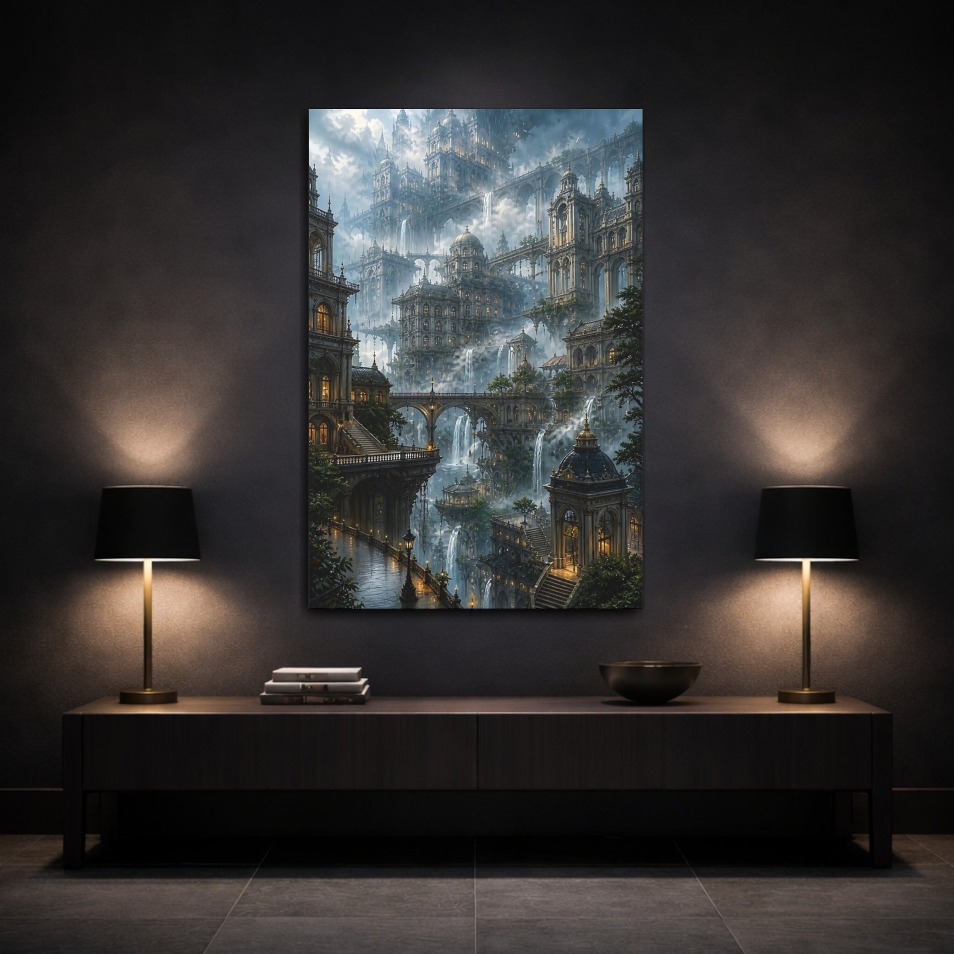 Mockup 3. Misty Floating City Vista shown as canvas print