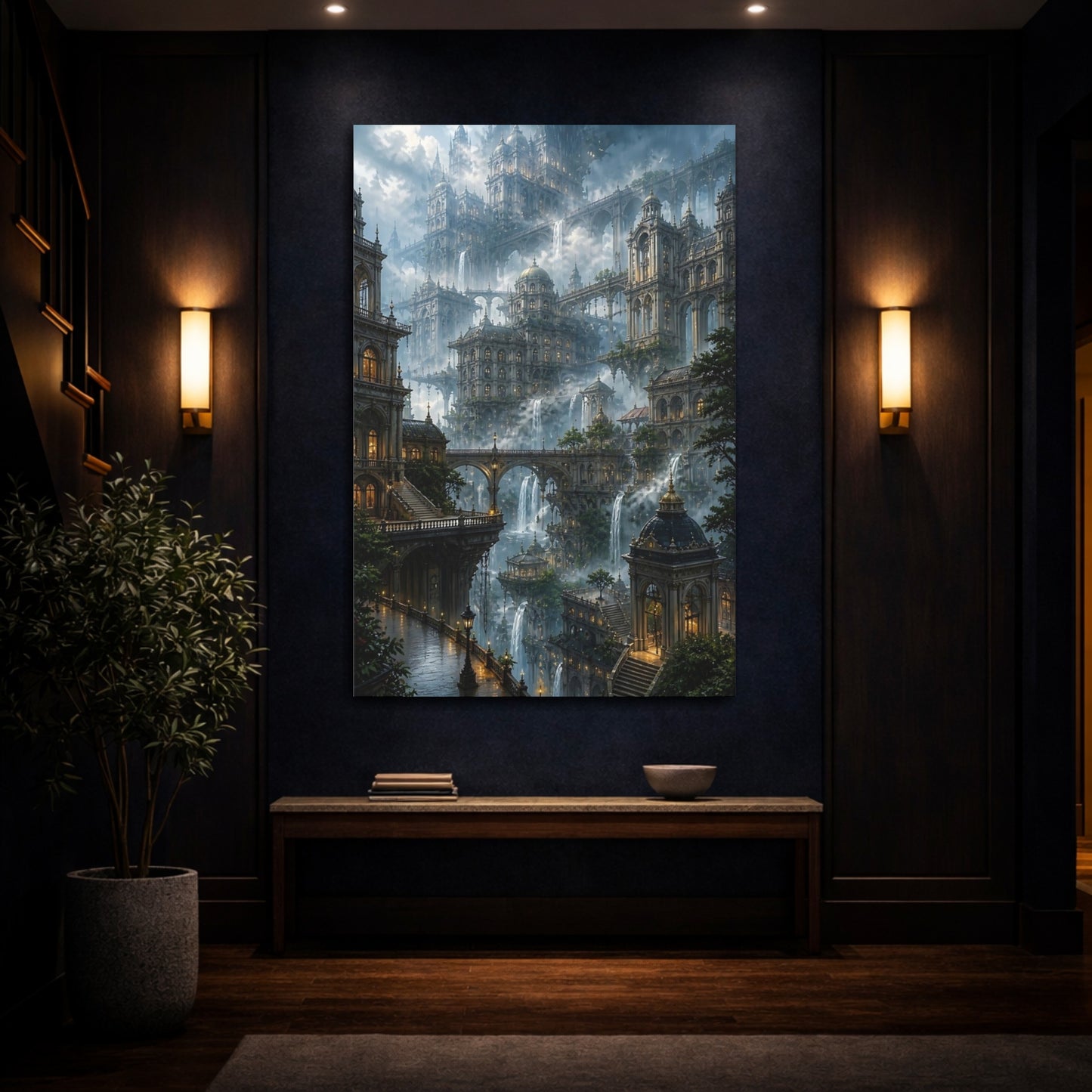 Mockup 4. Misty Floating City Vista shown as canvas print