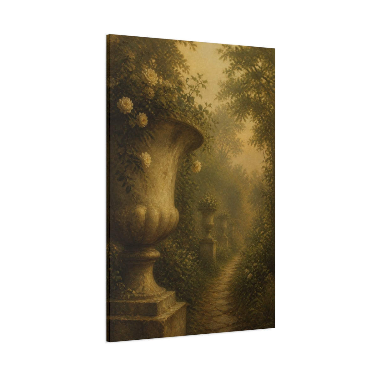 Side Mockup 1. Misty Garden Urns shown as canvas print
