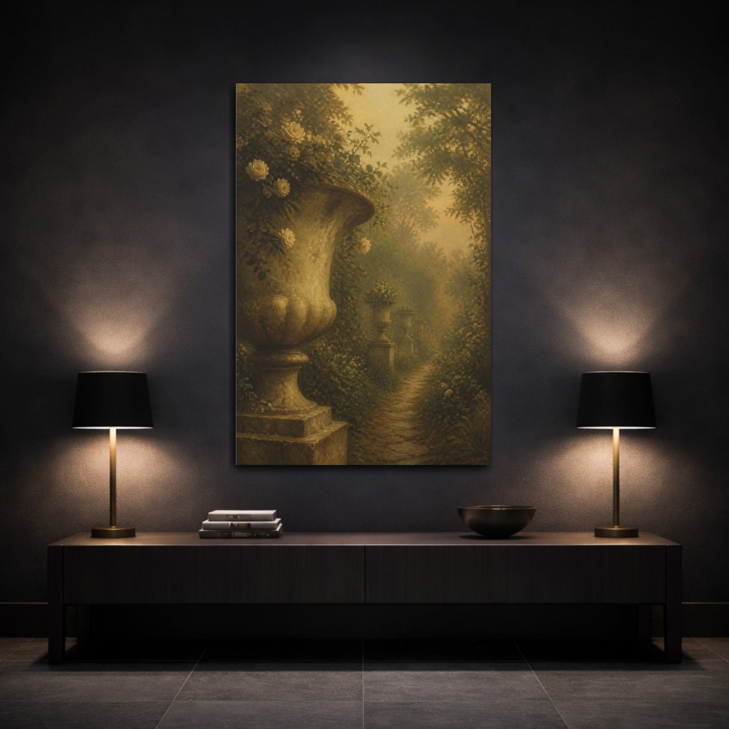 Mockup 3. Misty Garden Urns shown as canvas print