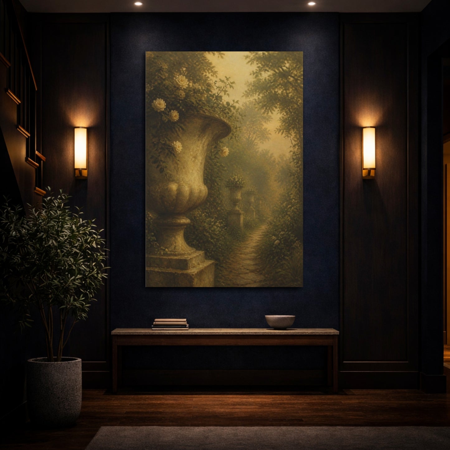 Mockup 4. Misty Garden Urns shown as canvas print