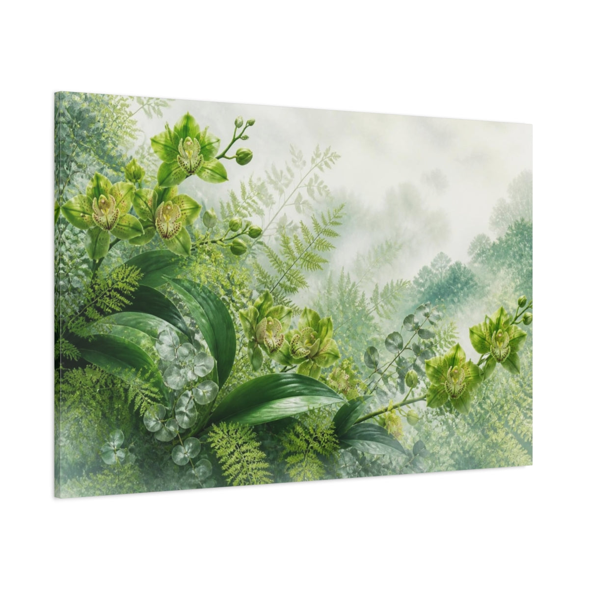 Side Mockup 1. Misty Green Orchids shown as canvas print