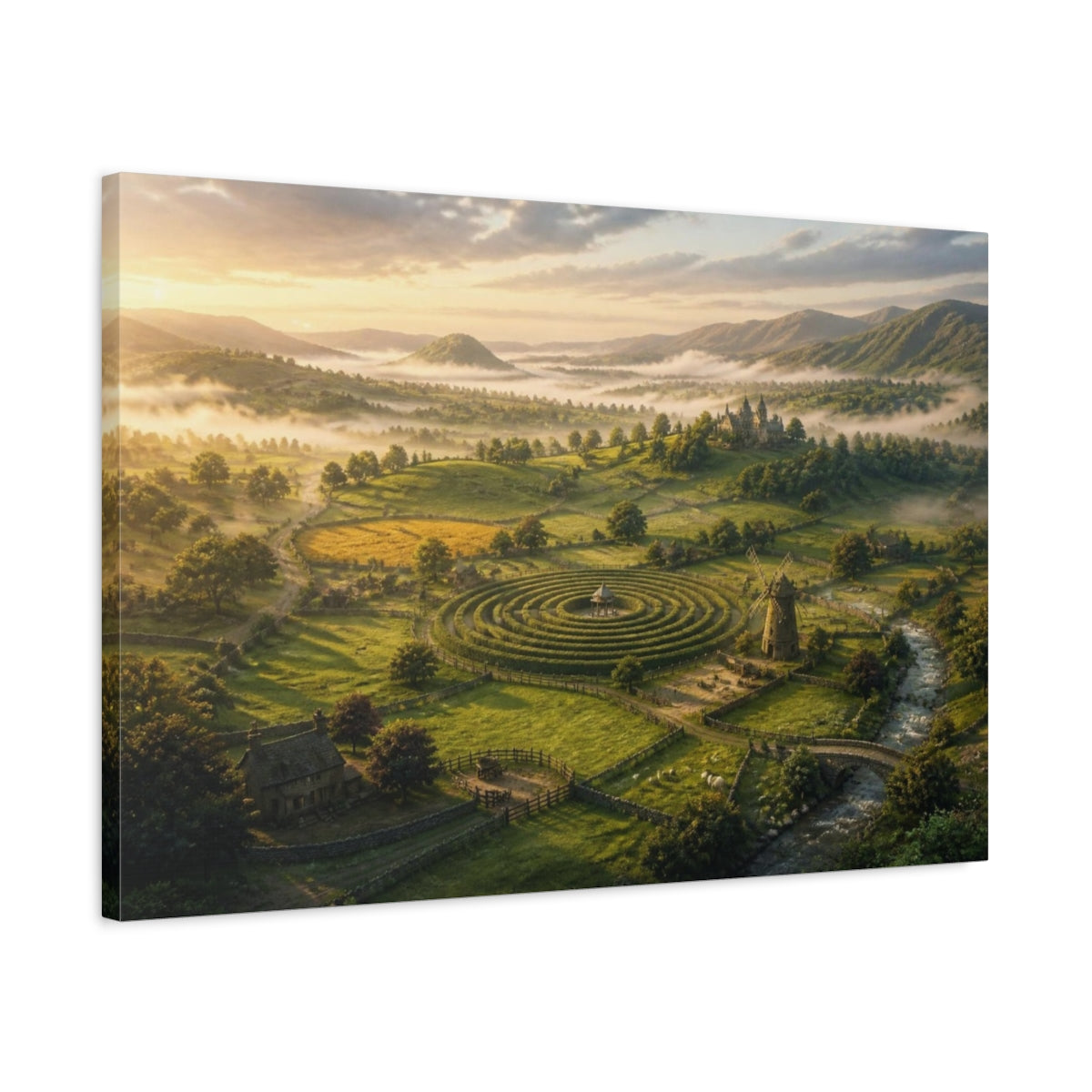 Side Mockup 2. Misty Hedge Maze & Castle shown as canvas print