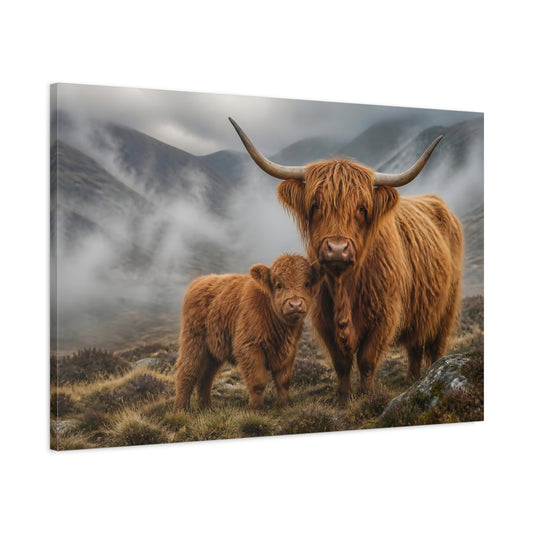 Main Mockup. Misty Highland Cow And Calf shown as canvas print