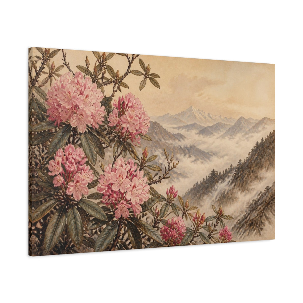 Main Mockup. Misty Himalayan Rhododendrons shown as canvas print
