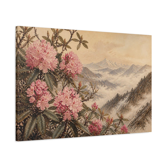 Main Mockup. Misty Himalayan Rhododendrons shown as canvas print